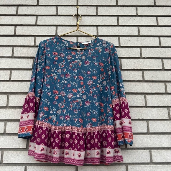 Beach Lunch Lounge Blue Boho Floral Bell Sleeve Peasant Top Block Print Rayon - Picture 1 of 9